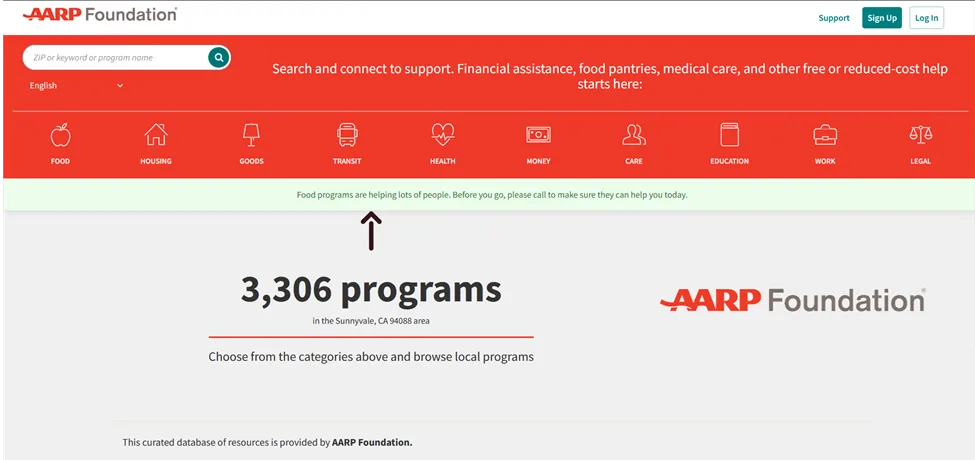 AARP Foundation webpage shows a search bar, category icons, and a message: Food programs are helping lots of people. It lists 3,306 programs in the Sunnyvale area and prompts users to browse local services.